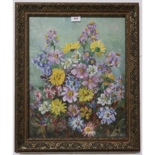 910 - LAURA KERR Mixed flowers, signed,oil on board, 5 x 40cm