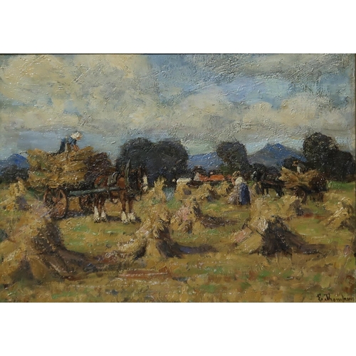 915 - E THOMPSON Gathering the hay, signed, oil on board, 26 x 36cm