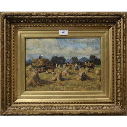 915 - E THOMPSON Gathering the hay, signed, oil on board, 26 x 36cm