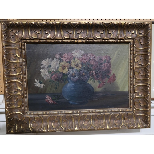 916 - RIHA Mixed flowers in a vase, signed, oil on canvas, 31 x 49cm