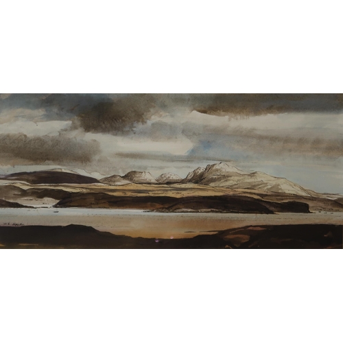 919 - TOM H SHANKS R.S.W Loch Ewe Wester Ross, signed, pen ink and watercolour, 26 x 54cm... 