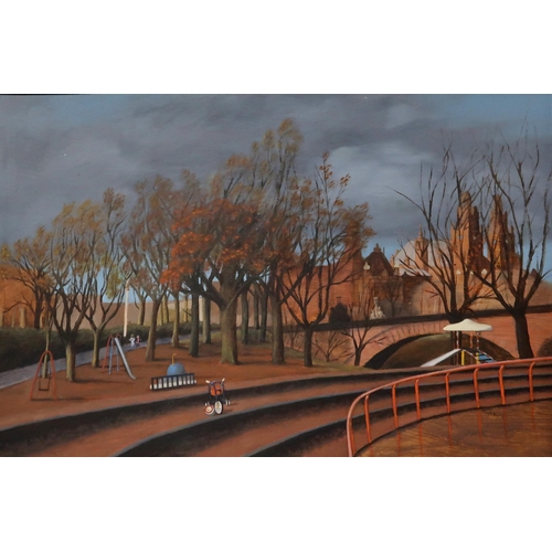 920 - JAMES TWEEDIE Kelvingrove Park and Art Gallery, signed, oil on board, dated, (19)93, 98 x 102cm... 