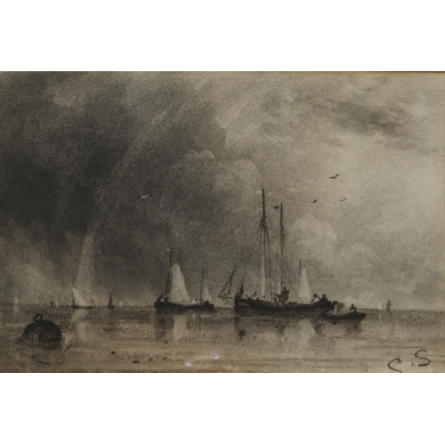 921 - C.S Fishing boats, monogrammed, charcoal, 25 x 36cm and five colour engravings and JOHN FULLWOO... 