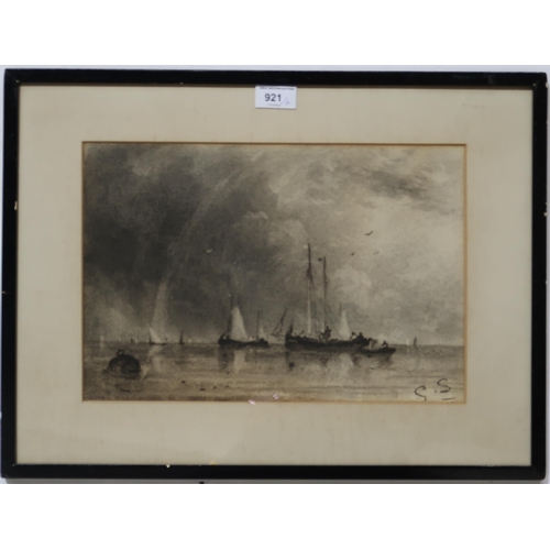 921 - C.S Fishing boats, monogrammed, charcoal, 25 x 36cm and five colour engravings and JOHN FULLWOO... 