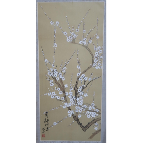 924 - JAPANESE SCHOOL Blossoming branches, watercolour on silk, 77 x 34cm, bone and ebonised panel and a p... 