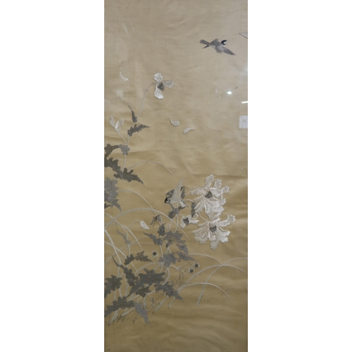 925 - CHINESE SCHOOL Silk panel with birds amongst flowers, 121 x 50cm and two others (3)... 