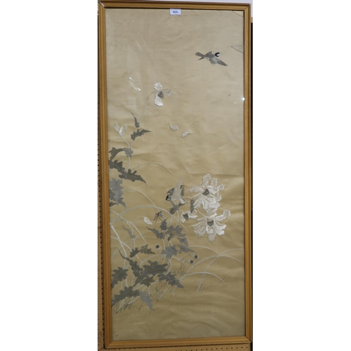 925 - CHINESE SCHOOL Silk panel with birds amongst flowers, 121 x 50cm and two others (3)... 