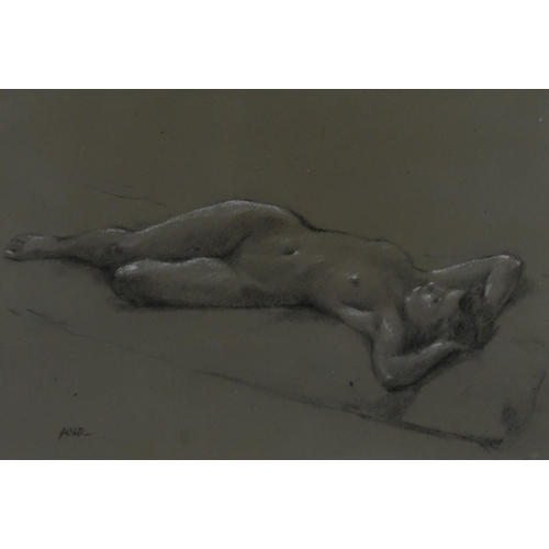 952 - ERIC AULD (SCOTTISH 1931-2013) RECLINING NUDE Charcoal on paper, signed lower left, dated ... 