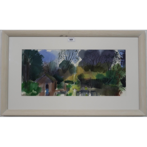 959 - SUSIE HUNT (ENGLISH CONTEMPORARY) A PLACE TO REFLECT Watercolour, signed lower right, 23 x 52cm Titl... 