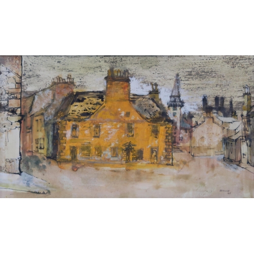 972 - WILLIAM BIRNIE (SCOTTISH 1929-2007) KILBARCHAN CROSS AND STEEPLE Mixed media, signed lower... 