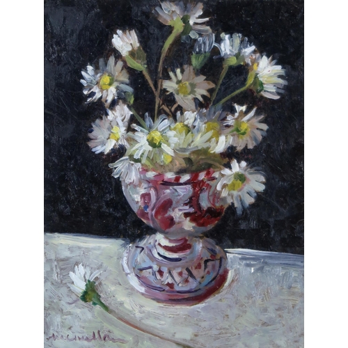 987 - MARGARET MCMILLAN (SCOTTISH CONTEMPORARY) DAISIES IN AN EGGCUP Oil on board, signed lower ... 