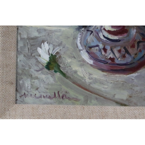 987 - MARGARET MCMILLAN (SCOTTISH CONTEMPORARY) DAISIES IN AN EGGCUP Oil on board, signed lower ... 