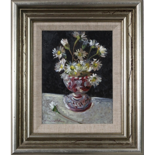 987 - MARGARET MCMILLAN (SCOTTISH CONTEMPORARY) DAISIES IN AN EGGCUP Oil on board, signed lower ... 