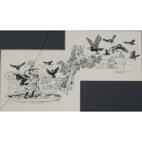 990 - PETER FIRMIN (ENGLISH 1928-2018) NOGBAD THE BAD WITH CROWS Ink on paper, signed lower right, 13.5 x ... 