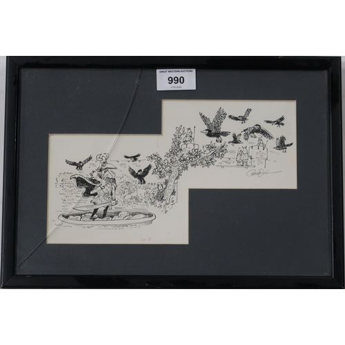 990 - PETER FIRMIN (ENGLISH 1928-2018) NOGBAD THE BAD WITH CROWS Ink on paper, signed lower right, 13.5 x ... 