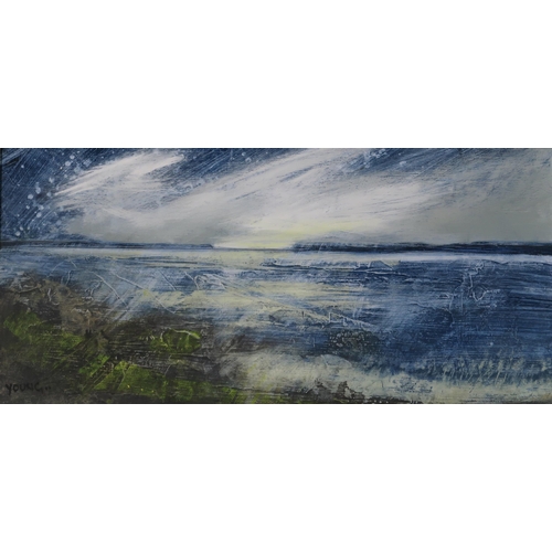 997 - GEORGIE YOUNG (SCOTTISH b.1949) WILD SKY Acrylic on board, signed lower left, 18 x 36cm  Title inscr... 