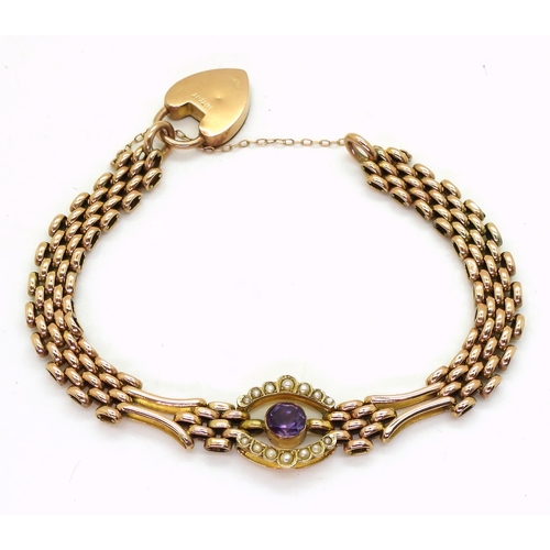 706 - A 9ct gold amethyst and pearl fancy link bracelet with a heart shaped clasp, length 19.5cm, weight 1... 