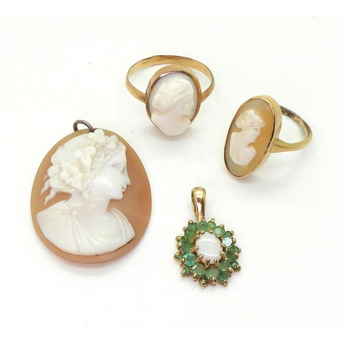 717 - A 9ct cameo ring, a yellow metal example and a pendant, together with a 9ct emerald and opal flower ... 