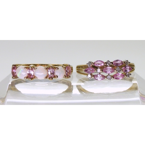 724 - A 9ct gold pink sapphire and diamond ring, finger size N1/2, together with a 9ct gold pink sapphire ... 