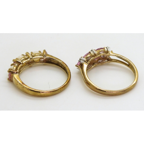 724 - A 9ct gold pink sapphire and diamond ring, finger size N1/2, together with a 9ct gold pink sapphire ... 