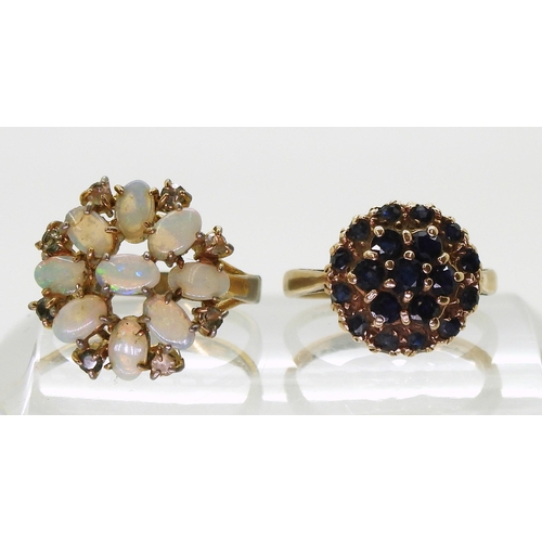 726 - A 9ct gold sapphire cluster ring, size J, weight 3.3gms, together with a gold plated opal cluster ri... 