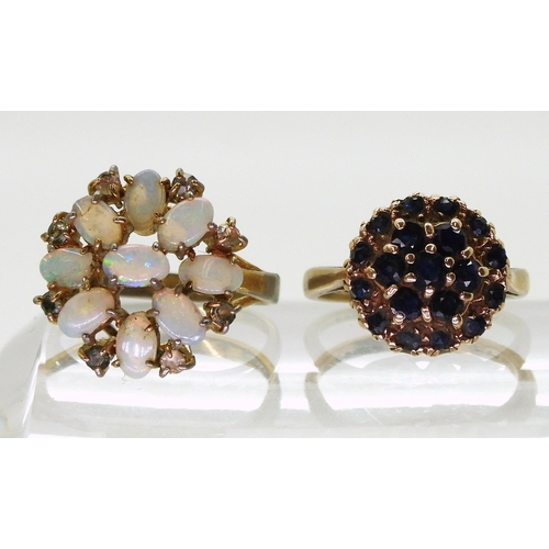 726 - A 9ct gold sapphire cluster ring, size J, weight 3.3gms, together with a gold plated opal cluster ri... 