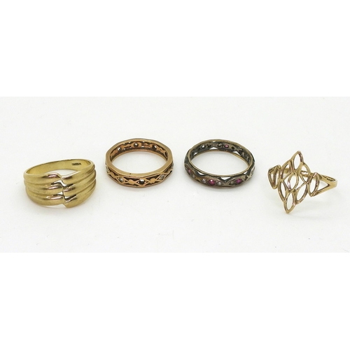 729 - Three 9ct gold rings, marquis shaped, size P, a dress ring, size P1/2, a clear gem eternity ring, O1... 