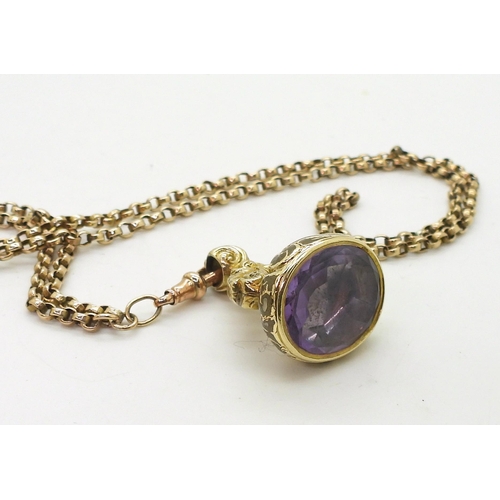 735 - A 9ct gold guard chain, length 82cm, weight 14.6gms, together with an amethyst set rolled gold Victo... 