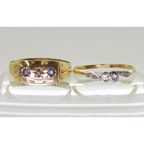 752 - Two vintage rings, a sapphire and diamond ring (hallmarks incomplete) size P1/2, weight 2.3gms, and ... 