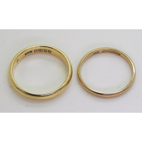 754 - An 18ct gold wedding ring size O1/2, weight 4.5gms and a 9ct gold wedding ring size M1/2 weight 1.4g... 