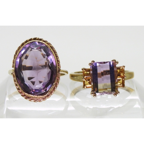 757 - A 9ct gold ametrine and citrine dress ring, size P1/2, together with a 9ct gold amethyst ring size M... 