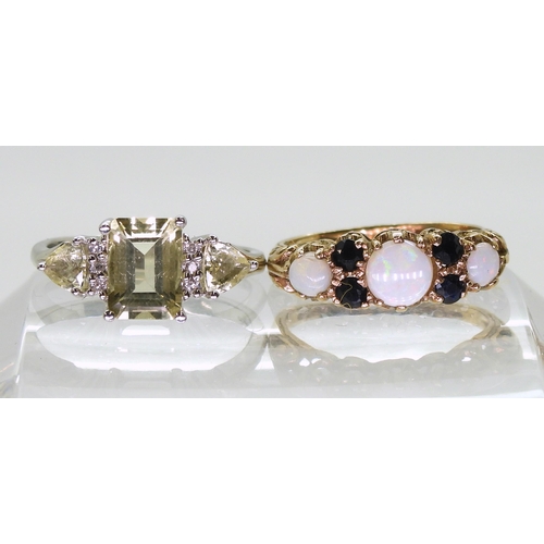 758 - A 9ct gold opal and sapphire ring, size M1/2, together with a 9ct white gold green amethyst and diam... 