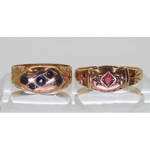 759 - A 9ct rose gold ring hallmarked Birmingham 1938, set with rose cut diamonds and red gems, size O1/2,... 