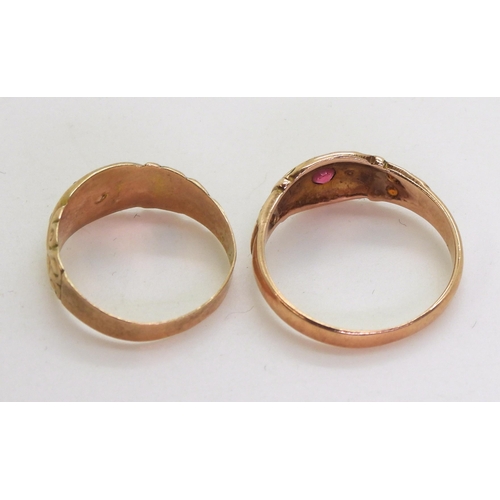 759 - A 9ct rose gold ring hallmarked Birmingham 1938, set with rose cut diamonds and red gems, size O1/2,... 