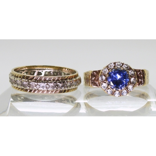 760 - A 9ct gold clear and blue gem retro ring size P1/2, and a 9ct gold clear gem full eternity ring, siz... 