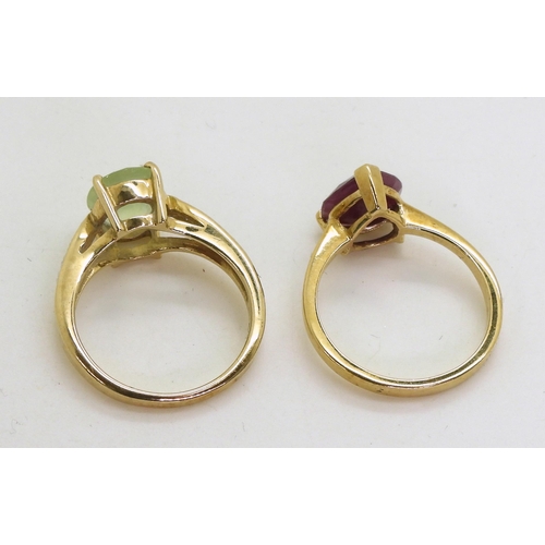 761 - A 9ct gold opaque ruby ring, finger size N1/2, together with a 9ct gold prehnite and  clear gem... 