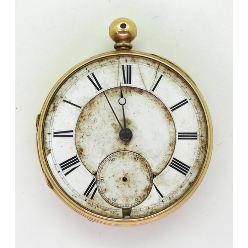 An 18ct gold open face pocket watch hallmarked London 1866, diameter 5cm, weight 106.3gms (af)