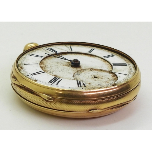 767 - An 18ct gold open face pocket watch hallmarked London 1866, diameter 5cm, weight 106.3gms (af)