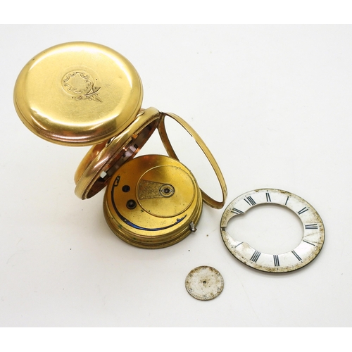 767 - An 18ct gold open face pocket watch hallmarked London 1866, diameter 5cm, weight 106.3gms (af)