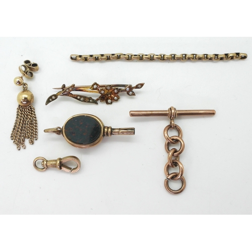 768 - A collection of 9ct gold and yellow metal items to include a pearl flower brooch, single earring, fi... 