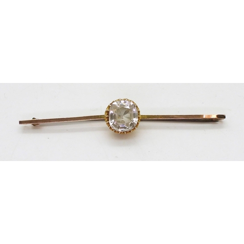 783 - A 9ct gold large zircon bar brooch, length 6.8cm, zircon 10.2mm x 9.3mm x 5.2mm, weight 4.7gms