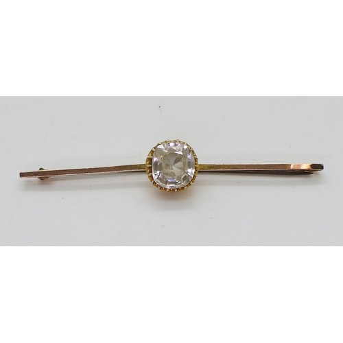 783 - A 9ct gold large zircon bar brooch, length 6.8cm, zircon 10.2mm x 9.3mm x 5.2mm, weight 4.7gms