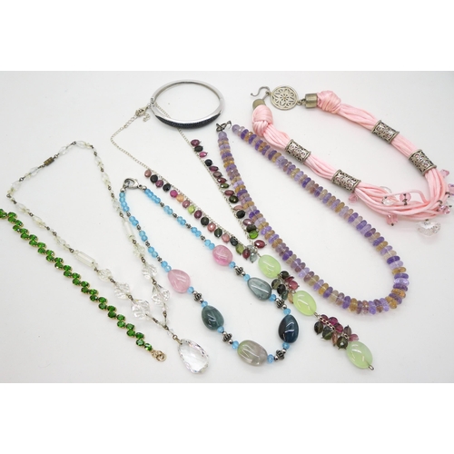 839 - A multicolour tourmaline and green stone necklace, a citrine and amethyst necklace and other items