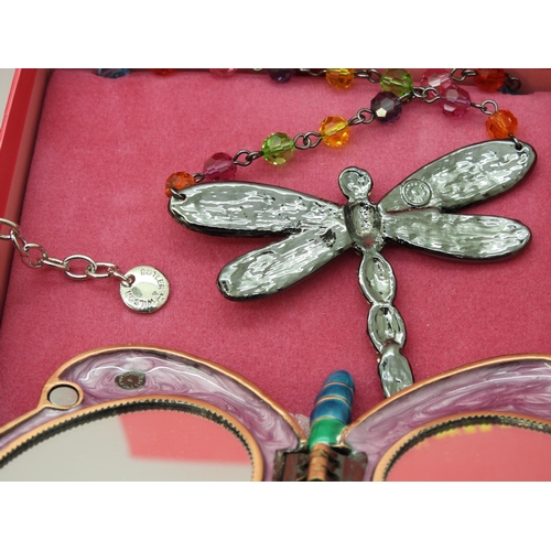 857 - Two Butler & Wilson necklaces a rainbow dragonfly, and a crystal flower, together with a butterf... 