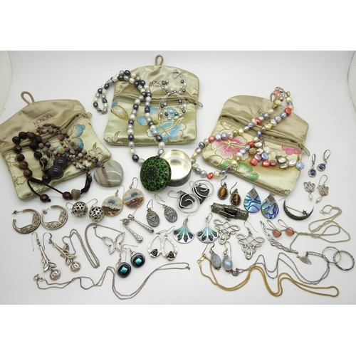 870 - Honora pearls, a silver and enamel trinket box, a pair of Ola Gorie silver earrings, a pair of silve... 