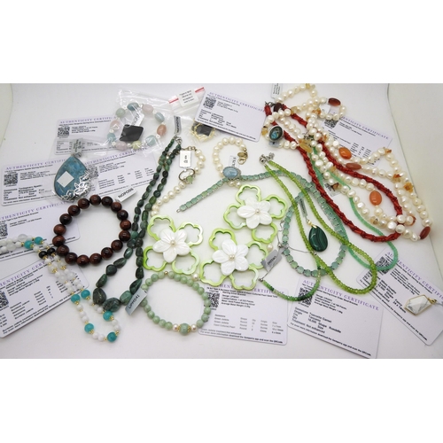 875 - A collection of The Jewellery Channel items, to include a graduated emerald bead necklace, a red tig... 