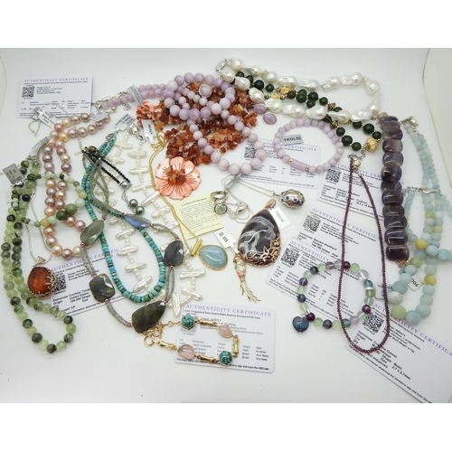 876 - A collection of Gems TV jewels to include Turquoise beads, Labradorite and ruby, Fluorite bead heart... 