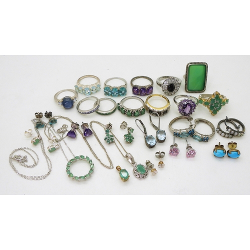 886 - Two silver emerald pendants and chains, a collection of rings and earrings to include a green agate ... 