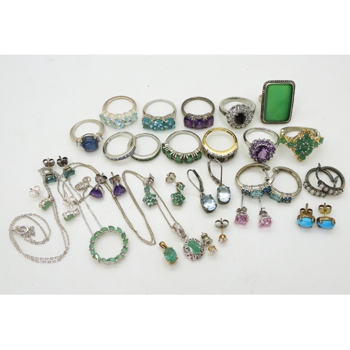 886 - Two silver emerald pendants and chains, a collection of rings and earrings to include a green agate ... 