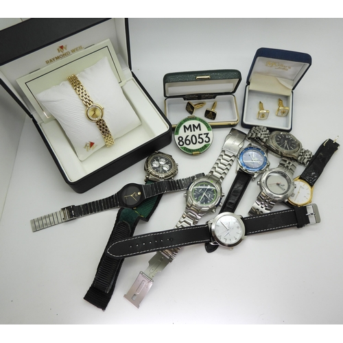 887 - A gold plated Raymond Weil ladies watch in original box with guarantee dated 1993, two pairs of maso... 